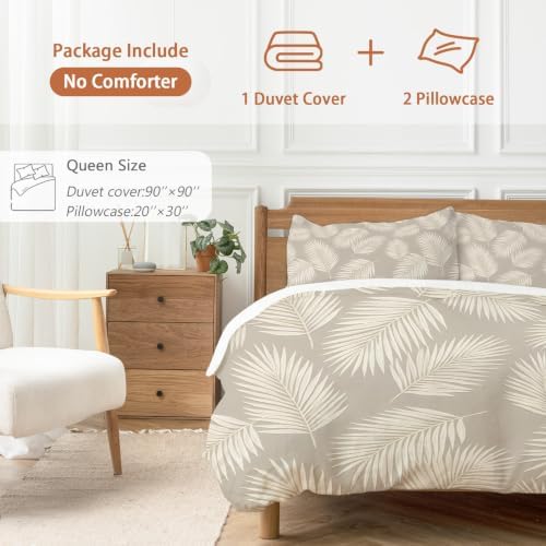 Taupe Palm Leaves Duvet Cover Queen Size, Tropical Plants Leaf Modern