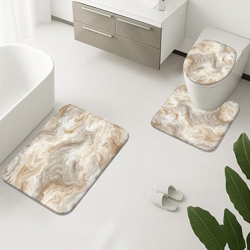 Marbled Beige Bathroom Mat Sets 3 Piece, Elegant Neutral Abstract