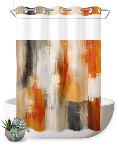 Extra Long No Hook Shower Curtain Bathroom Decor Orange Beige Gray