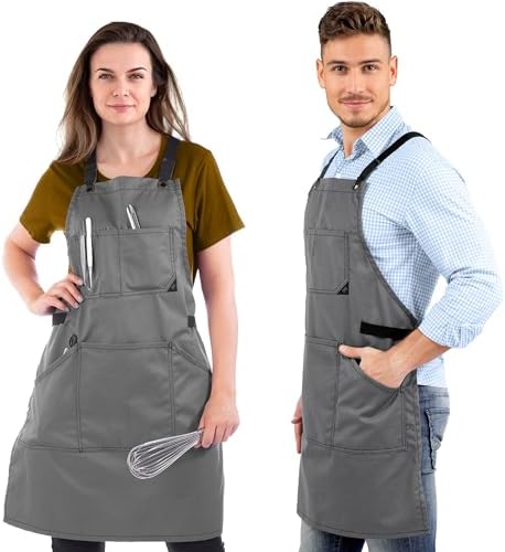 Under NY Sky Work Apron, Cross-Back, Leather Support, Pro Twill, Gray