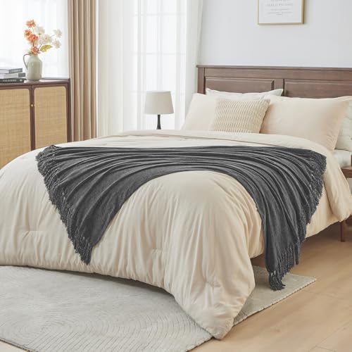 CozeCube Chenille Throw Blanket, Charcoal Grey Fringe Blanket, 60"X80"
