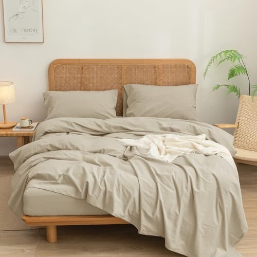 BESTOUCH 100% Washed Cotton Linen Feel Sheet Set, Almond Milk Grey