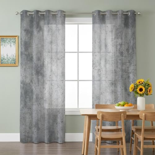 Concrete Texture Sheer Curtains 63 Inch Long 2 Panels, Industrial