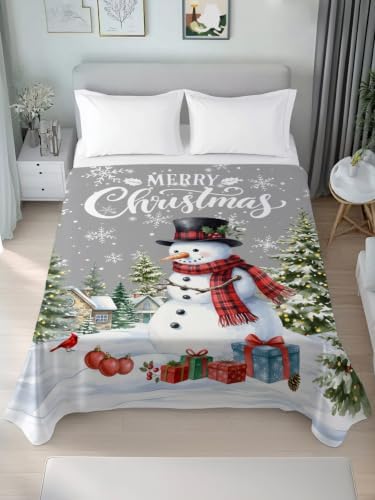 Cal King Size Flat Sheet Only, Winter Snowman Snowflake on Gray Bed