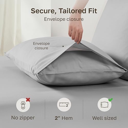 Natural 100% Cotton Sateen Queen Size Pillow Cases, 2-Pack, Light Grey