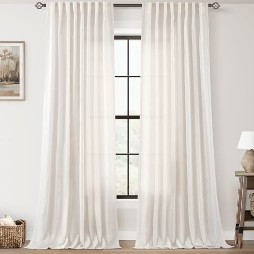 2 Panels Set Cream Linen Curtains 108 inches Long For Living Room