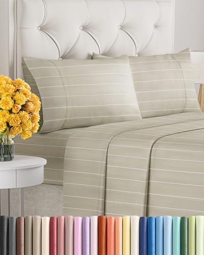 Queen Sheets Set, 4 Pieces 16" Deep Pocket Hotel Luxury, Beige Stripes
