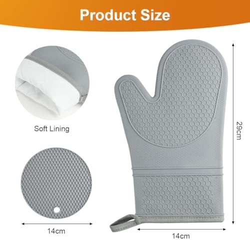 AUAUY Oven Mitts with 2 Potholders, Silicone Oven Gloves, Grey