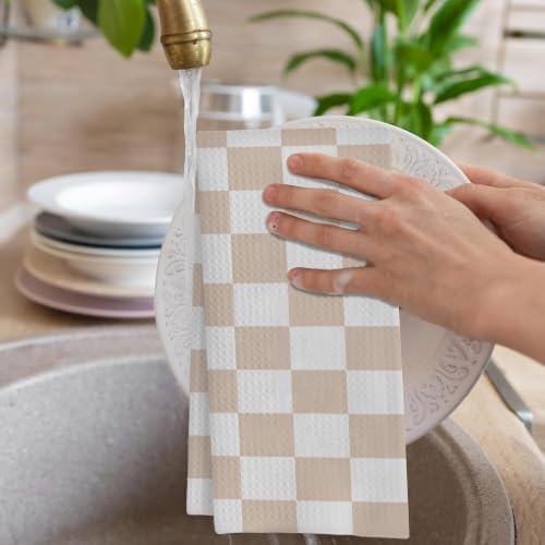 Beige and White Checkered Plaid Hand Towels for Bathroom Set of 2,Soft