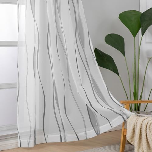 L.Z.E Grey and White Sheer Curtains 84 Inch Long 2 Panels Set, Light