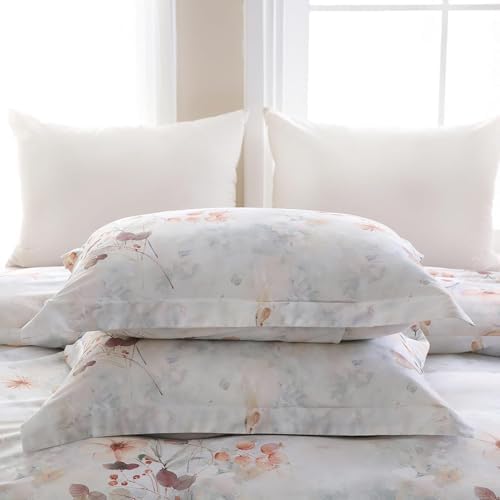 Floral Foliage Queen Duvet Cover Light Gray 3D Bedding Set with Zipper