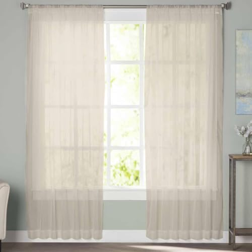 Beige Sheer Curtains 108 Inches Long, White Swan Solid Color Sheer