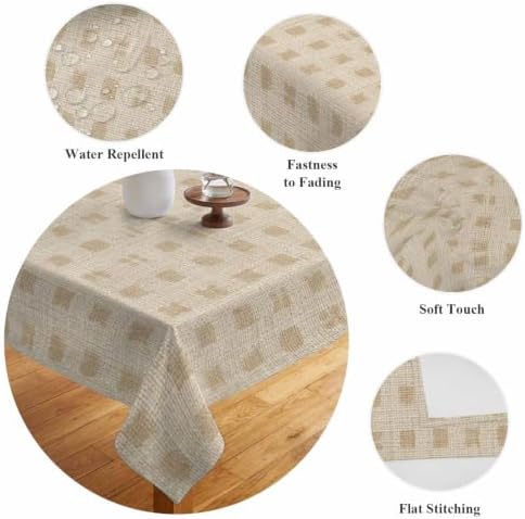 Beige Block on Linen Waterproof Tablecloth Rectangle Washable Table