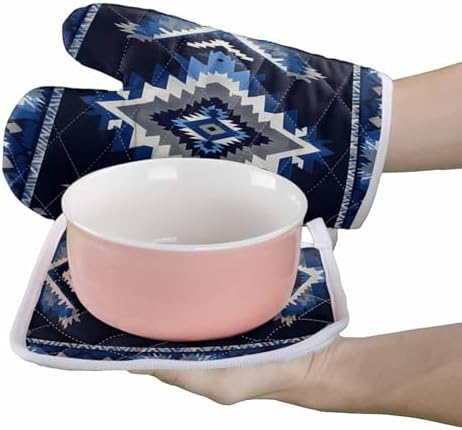 Quilted Cotton Terry Cloth Oven Mitt, Pot Holder Navy Blue Grey