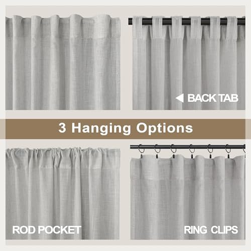 Grey Linen Curtains 63 Inch Length for Bedroom 2 Panels Back Tab Rod