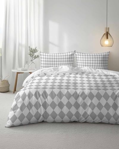 Duvet Cover Set Queen, Abstract Gray White Plaid 3 Piece Bedding Set