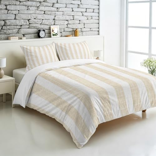 3 Pieces Bedding Set King Size, Beige Striped Soft Duvet Covers Set