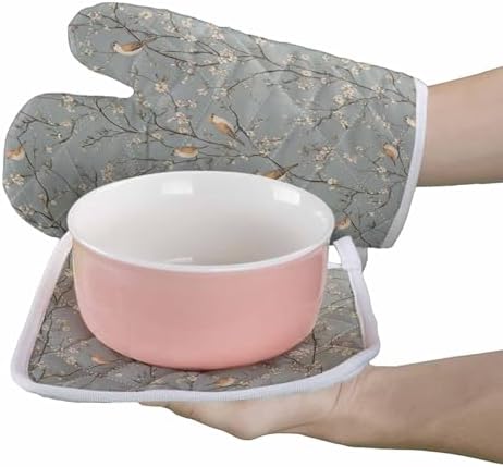 Quilted Cotton Terry Cloth Oven Mitt, Pot Holder Birds Floral Branch