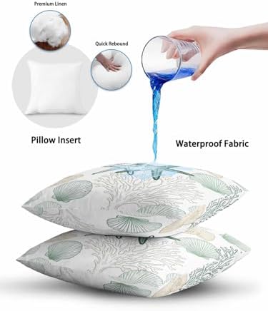 18x18 Throw Pillows Set of 2, Green Coastal Waterproof Outdoor Pillow