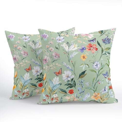 Spring Pillow Covers 22x22 Inch Set of 2 Sage Green Butterfly Flower