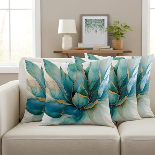 Teal Gold Floral Throw Pillow Covers 18x18 inch Set of 4, Abstract