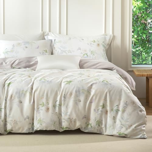 MILDLY Beige Floral Duvet Cover Set 3pcs Elegant for All Season Full