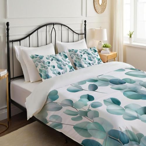 Duvet Cover Queen Size-Reversible Watercolor Eucalyptus Duvet Cover