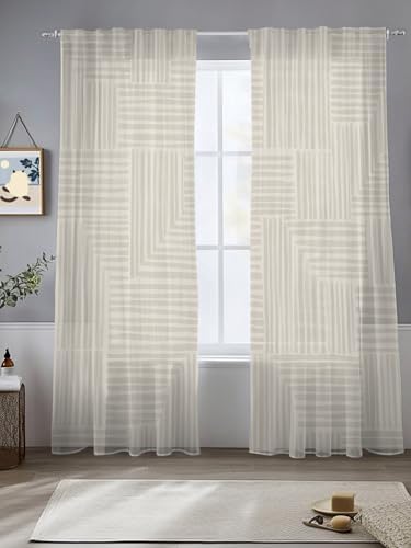 Modern Art Sheer Curtains 108 Inches Long, Minimalist Beige Clean