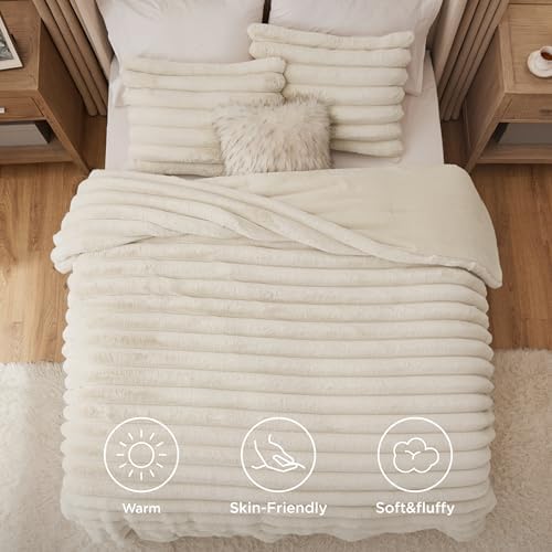 Bedsure Faux Fur King Comforter Set, Striped Fluffy Bedding Sets Beige