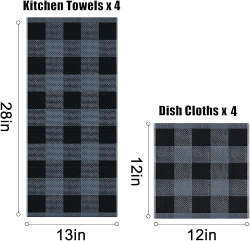 Homaxy 100% Cotton Kitchen Towels and Dishcloths Set of 16, Black &
