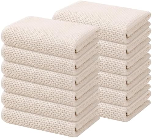 Kitinjoy 100% Cotton Waffle 12-Pack Kitchen Towels, 13" x 28", Beige