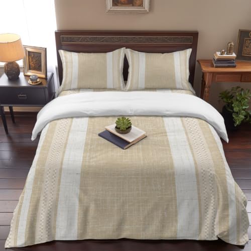 Beige Stripes Queen Size 4 Piece Duvet Cover Set, Minimalist Cream
