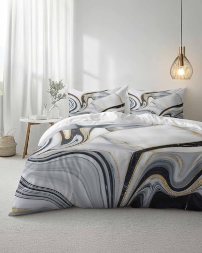 Duvet Cover Set Queen, Abstract Gray Marble Texture 3 Piece Bedding