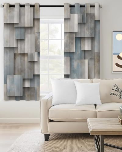 Abstract Block Blackout Curtains 2 Panels Set Minimalist Beige Gray