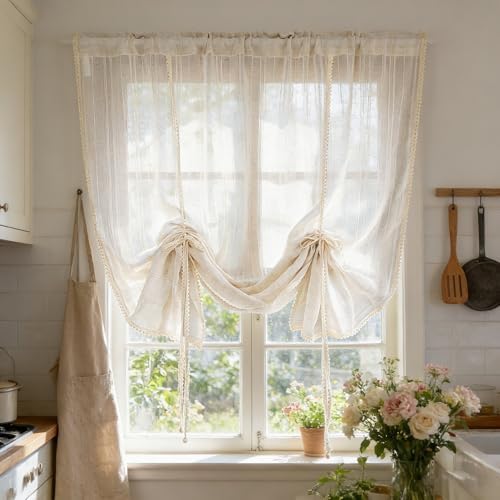 1 Panel Beige Striped Tie-up Linen Curtain with Crocheted Lace Trim