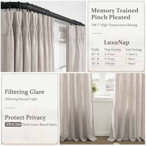 Taupe Memory Trained Pinch Pleated Linen Semi Sheer Curtains 96 Inches
