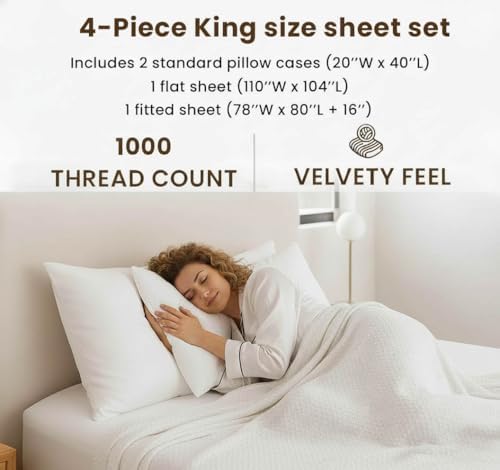 King Size Sheets, 1000 Thread Count 100% Cotton 4-Piece Bed Sheet Set