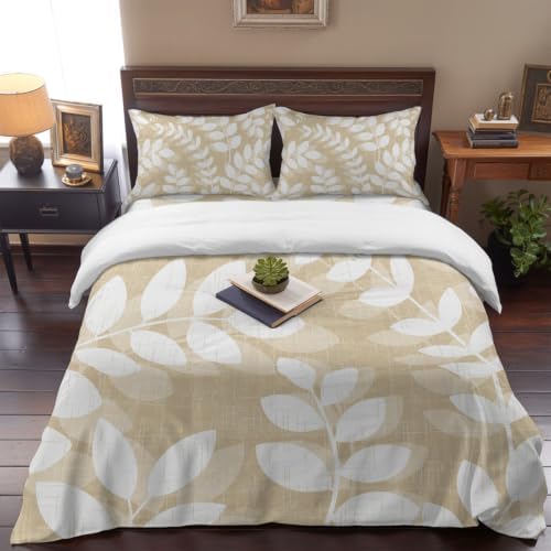 Beige Leaves California King 4 Piece Duvet Cover Set, Farmhouse Branch