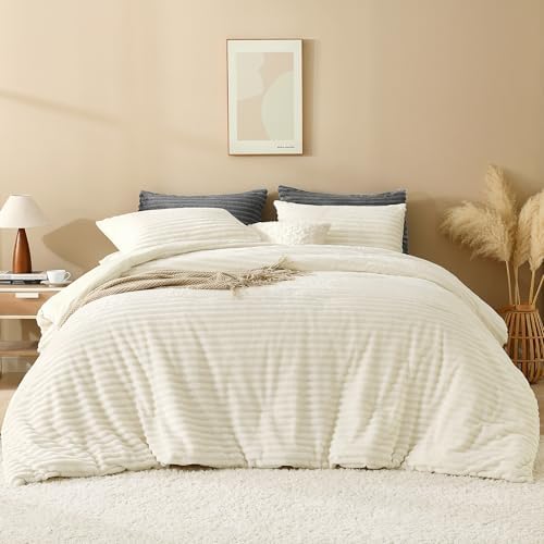 Andency Fluffy King Size Comforter Set, Cream Fleece Faux Fur Bedding