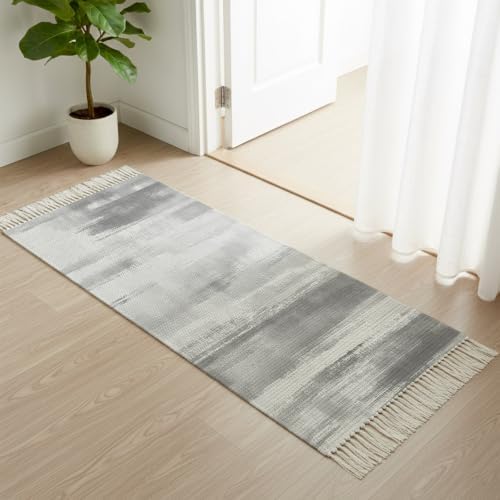 Light Gray Ombre Hallway Runner Rug 2'x5', Modern Abstract Art Oil
