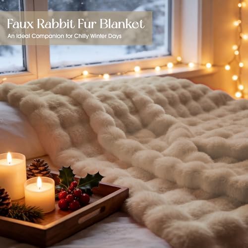 Luxury Fluffy Faux Fur Throw Blanket, Soft Plush Thick Minky Bubble