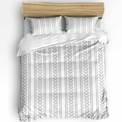Duvet Cover Set Queen, Modern Rustic Boho Leaves Stripe 3 Piece