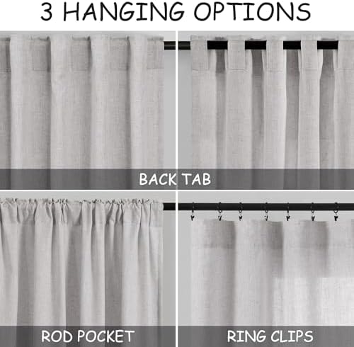 Nanspring Grey Linen Back Tab Curtains 84 Inch Length for Living Room