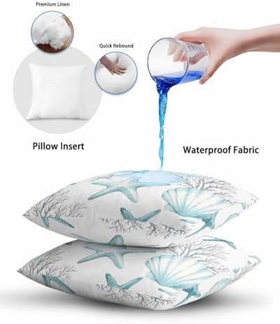 Outdoor Pillow Covers with Inserts,Teal Coastal Waterproof Decorative
