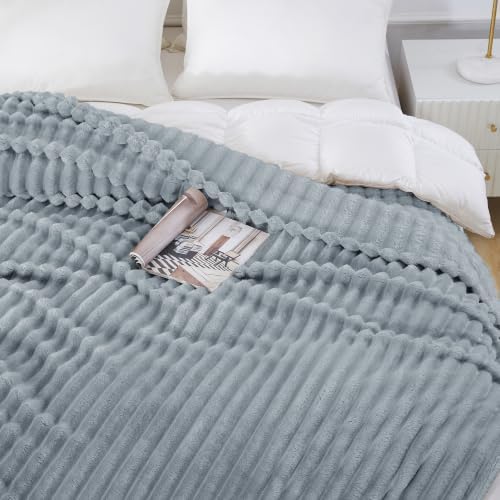 Taliska Ribbed Fleece Throw Blanket for Bed, Grey, 90"x90"