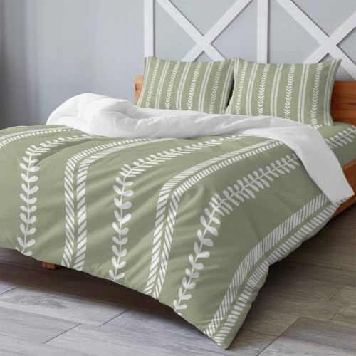 Leaf Stripes California King 4 Piece Duvet Cover Set, Botanical Rustic