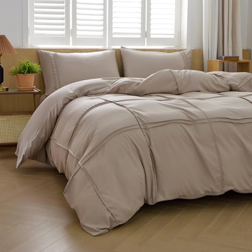 AiMay Duvet Cover Set Queen Size Pintuck Pleated Bedding Set 3 Pieces