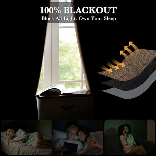 RYB HOME Brown 100% Blackout Linen Curtains 72 Inch Long for Bedroom