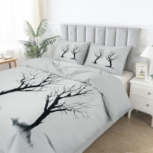 Light Gray Duvet Cover Set King Size, Minimalist Dead Branch Pattern