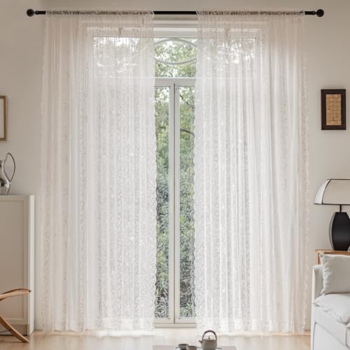 Ivory Lace Sheer Curtains 96 Inch Long 2 Panels with Floral Design